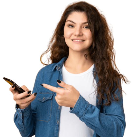 Happy traveler with phone and luggage